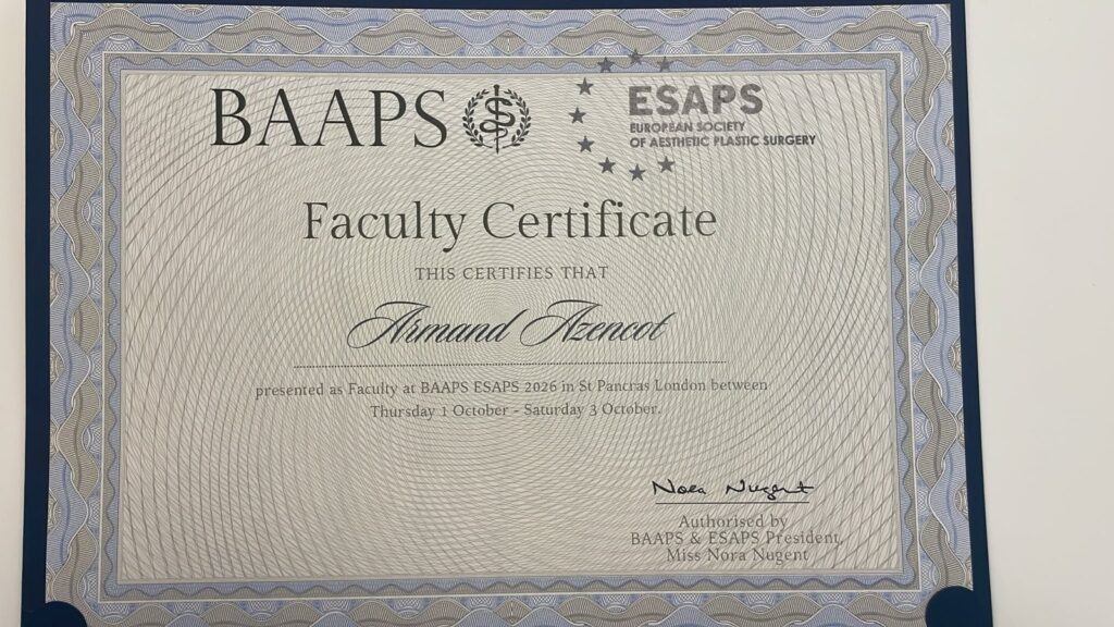 Certificat « Faculty » remis au Dr Armand Azencot par la BAAPS et l’ESAPS, octobre 2026